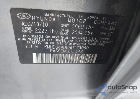 2010 Hyundai Elantra Se z USA, uszkodzony, nr VIN KMHDU4AD8AU173060